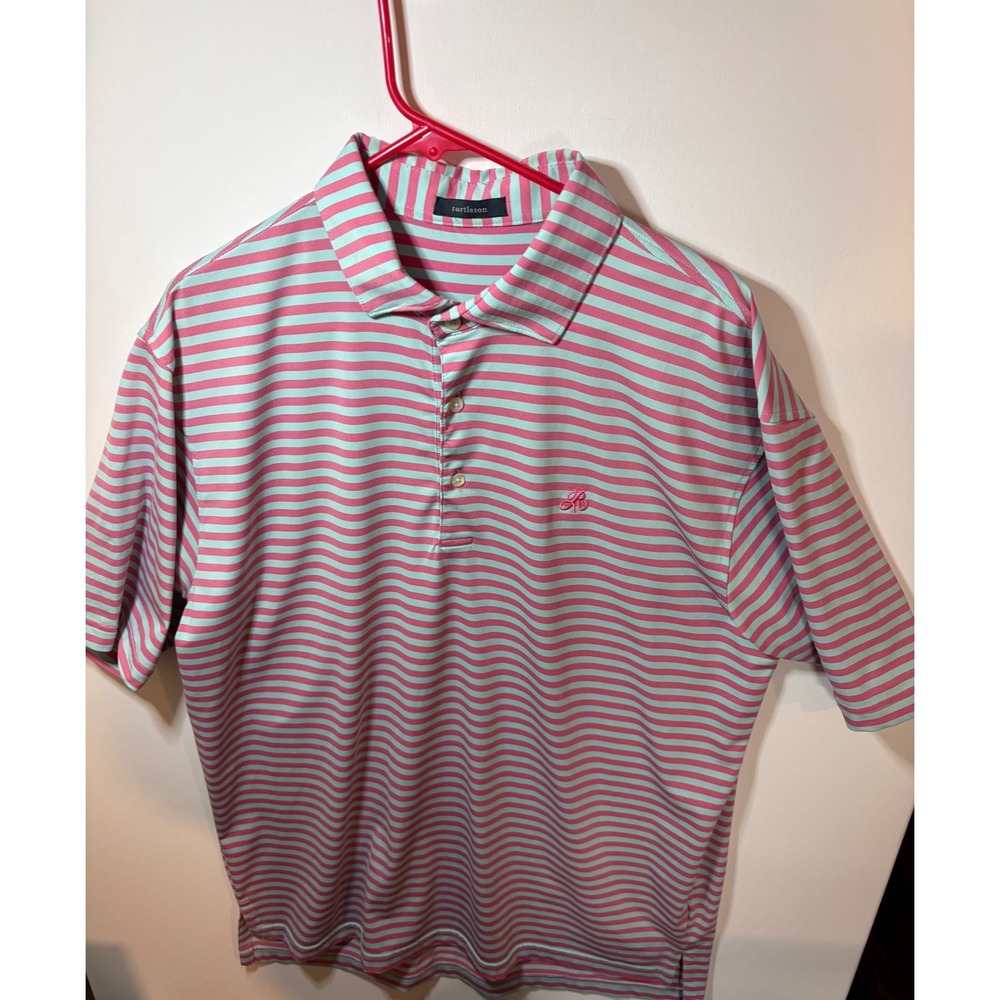 Turtleson Performance Polo Shirt Men Large Pink Gray Striped Short Sleeve Golf